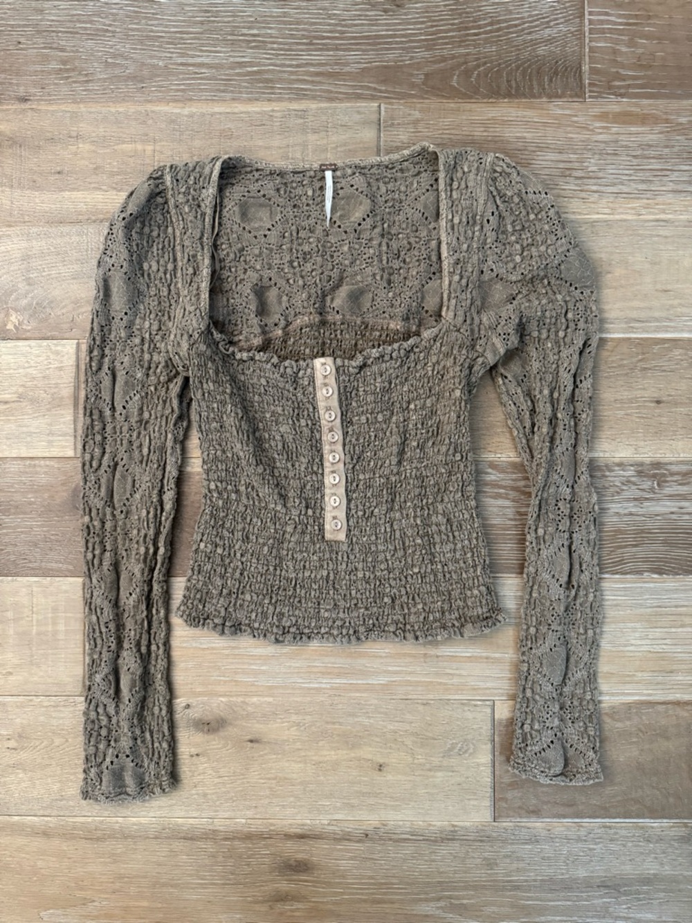 Free People Smocked Taupe Peasant Long Sleeve Top